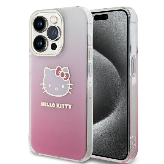 iPhone Uyumlu 15 Pro Max Kılıf Hello Kitty Orjinal Lisanslı Yazı ve İkonik Logolu Elektroplating Kaplama Gradyan Kapak