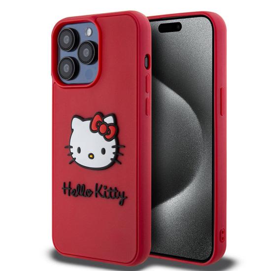 iPhone Uyumlu 15 Pro Max Kılıf Hello Kitty Orjinal Lisanslı Yazı ve İkonik Logolu 3D Rubber Kitty Head Kapak