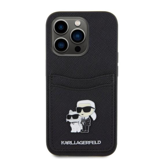 iPhone Uyumlu 15 Pro Kılıf Karl Lagerfeld Orjinal Lisanslı Metal Logo Kartlıklı Saffiano Kapak