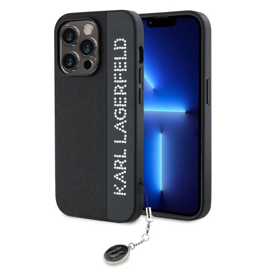 iPhone Uyumlu 14 Pro Max Kılıf Karl Lagerfeld Orjinal Lisanslı Anahtarlıklı Taşlı KL Yazılı Saffiano Rhinestones Kapak