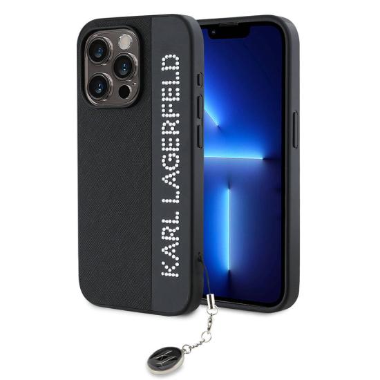 iPhone Uyumlu 15 Pro Max Kılıf Karl Lagerfeld Orjinal Lisanslı Anahtarlıklı Taşlı KL Yazılı Saffiano Rhinestones Kapak