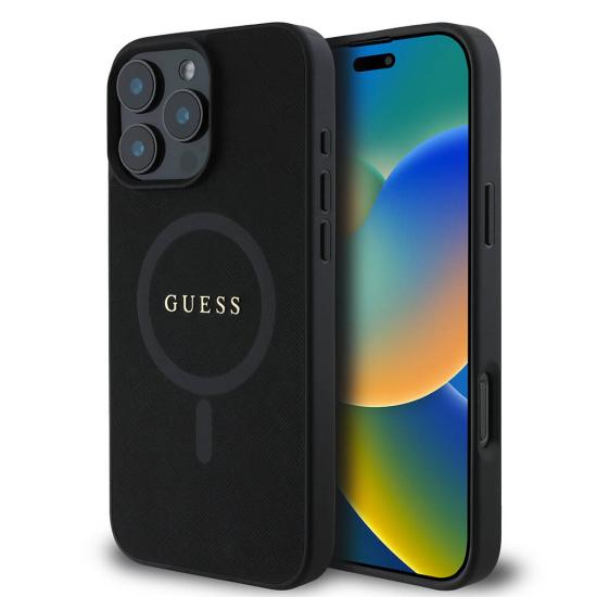 iPhone Uyumlu 16 Pro Kılıf Guess Orjinal Lisanslı Magsafe Şarj Özellikli Yazı Logolu Saffiano Classic Kapak