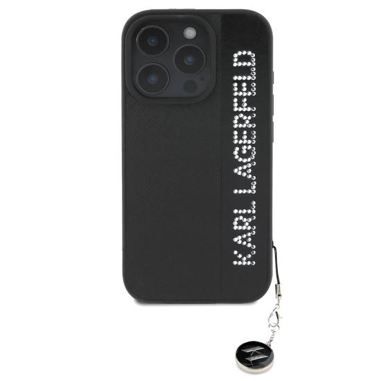 iPhone Uyumlu 16 Pro Kılıf Karl Lagerfeld Orjinal Lisanslı Anahtarlıklı Taşlı KL Yazılı Saffiano Rhinestones Kapak