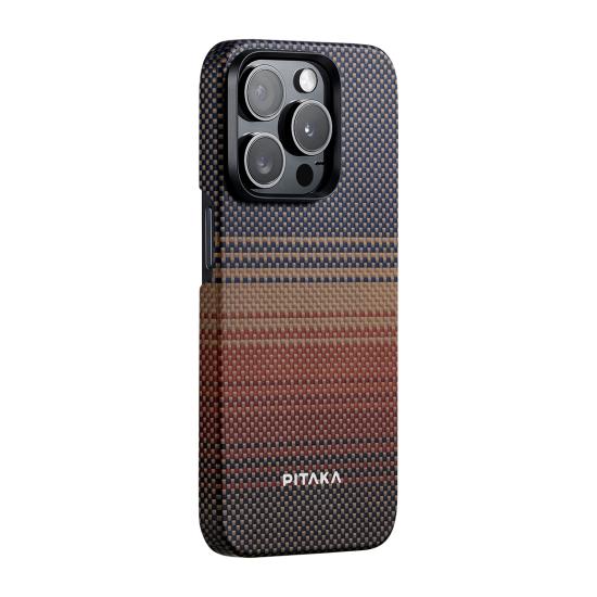 iPhone Uyumlu 15 Pro Kılıf Magsafe Şarj Özellikli Aramid Fiber Pitaka Tactile Woven Sunset-Moonrise Serisi Sunset Kapak